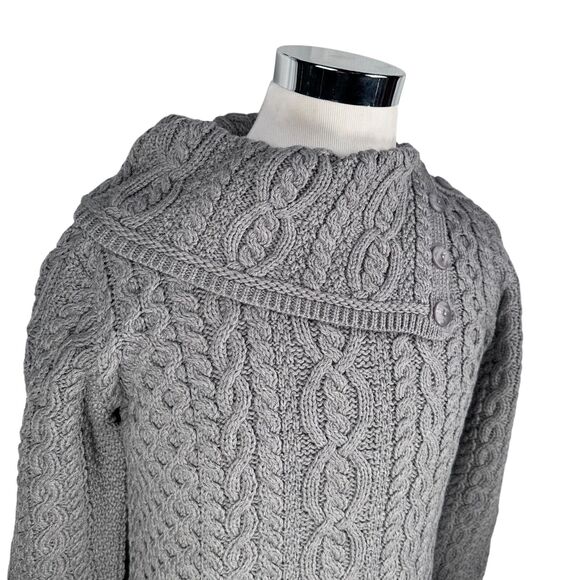 Aran Crafts Fisherman Sweater Women’s Small Gray Merino Wool Button Shawl New - Picture 2 of 9